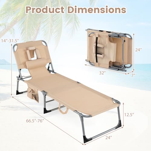 COSTWAY Tanning Chair with Face Hole, Folding Beach Lounge Chair with 4-Position Adjustable Backrest, Pillow & Side Pocke...