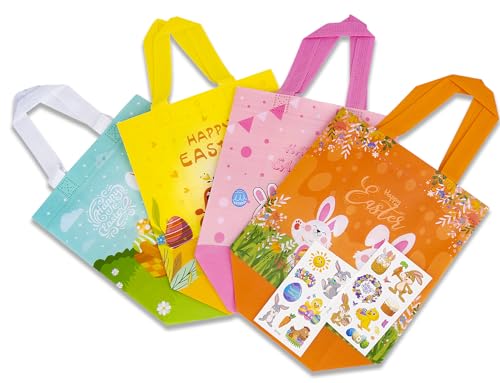 Jaywayang 4Pack Happy Easter Gift Bags, Easter Non-woven Bags with Handle for Kids, Reusable Goodie Bags, Rabbit Bunny Tre...