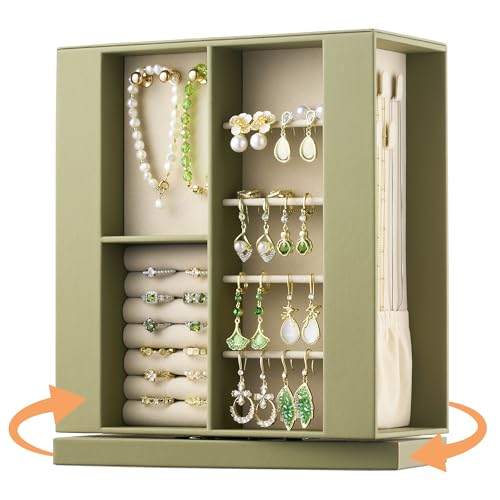 pickpiff Jewelry Box Organizer for Women: 360 Rotating Vertical Storage Case, Black Leather with Blush Velvet, Ring Neckla...