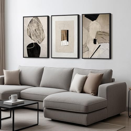 Framed Neutral Abstract Wall Art, Set of 3 Modern Canvas Prints Paintings Artwork for Walls, Minimalist Black and Beige Pi...