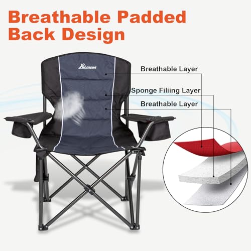 Romswi Oversized Camping Chairs,Heavy Duty Support 500 LBS,Padded Back & Arm Sport Chairs, Cup Holder Cooler Bag, Collapsi...