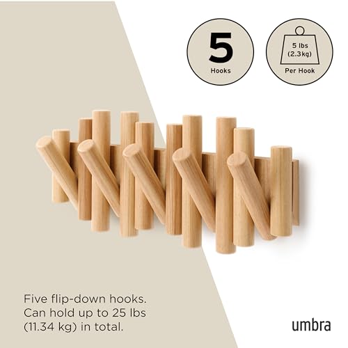 Umbra Picket Coat Rack Wall Mount – 5 Flip-Down Wood Coat Hooks, Modern & Functional Storage, Easy Install Wall Hooks, Nat...