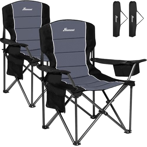 Romswi Oversized Camping Chairs,Heavy Duty Support 500 LBS,Padded Back & Arm Sport Chairs, Cup Holder Cooler Bag, Collapsi...
