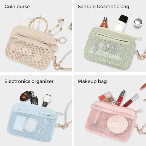 GIVLEFLY 2PCS Mesh Coin Purse Set with Wristlet Keychain, Small Zipper Card Holder & ID Pouch, Round Mini Cosmetic Bag, Br...