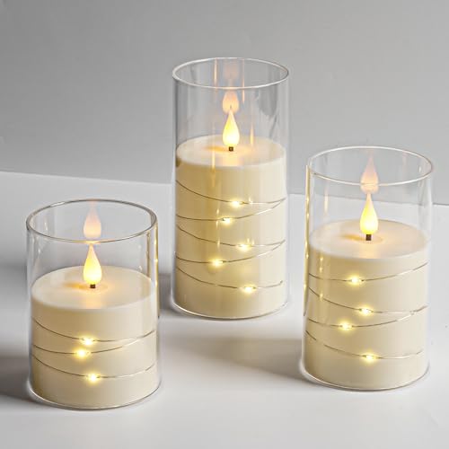 Da by 3 Pack Ivory Transparent Acrylic Flameless Taper Candles, Flickering Black Wick LED Candles with Fairy String Light...