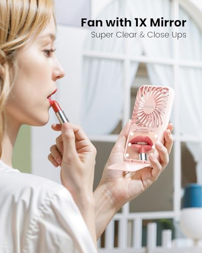 Gaiatop Portable Handheld Fan, 3 Speed LED Makeup Mirror with Light, Folding Stand for Desktop, Rechargeable Mini Personal...