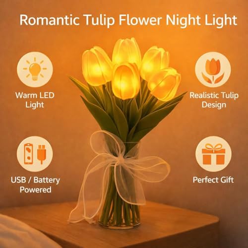 15 PCS Radiant Romantic Tulip Light with Vase, Twinkling Tulips Tree, LED Artificial Flowers Ambient Night Lamp, Gentle Li...
