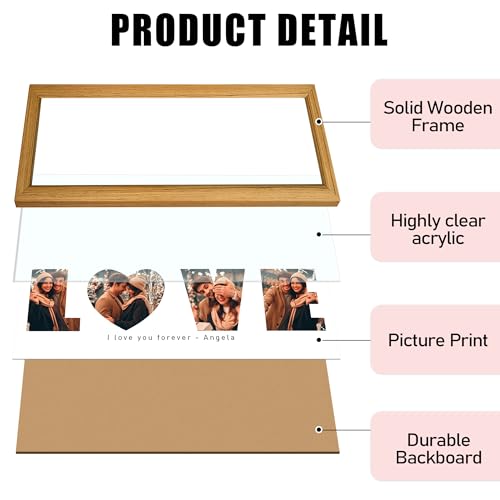 CUSTOM STEWARD Personalized Photo Frame, LOVE Design, Natural Wood with Acrylic Panel, Wall Mount or Tabletop Display, Gif...