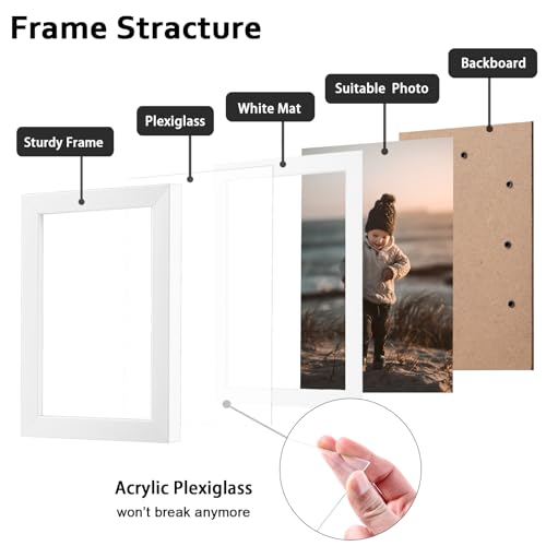 KINLINK 5x7 Picture Frame White Set of 4, Wooden Photo Frames Matted 4x6 with Plexiglass for 4x6 with Mat or 5x7 without M...