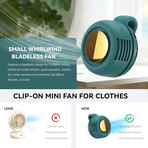 VYWmna Portable silent mini bladeless fan 3-speed clip-on fan 360° rotatable, suitable for outdoor, travel and office use,...