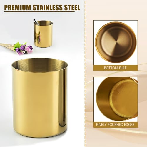 OPSJRNDUSK Gold Pen Holder for Desk, 3.9 Inch Stainless Steel Pencil Cup & Makeup Brush Organizer, Multi-Purpose Office an...