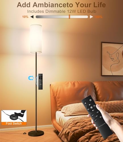luckystyle Dimmable Floor Standing Tall Lamp, 12W Led Bulb with Lampshade, Foot Switch, Remote Custom Color Temperature Po...