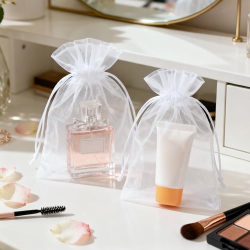 G2PLUS 100PCS White Organza Bags, 4x6 in Sheer Mesh Drawstring Gift Bags, Jewelry Pouches Candy Bag for Wedding Favors, Ch...
