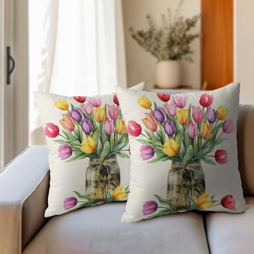 Anyako Spring Summer Colorful Flowers Throw Pillow Covers 18X18 Inches Set of 2 Tulip Floral Mason Jar Pillowcase Soft Cot...