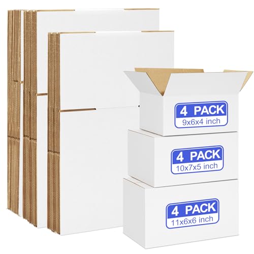 Eupako 12 Pack Small Shipping Boxes Assorted Sizes, White Corrugated Box Mailers, 9x6x4 & 10x7x5 & 11x6x6 4 PCS Each Small...
