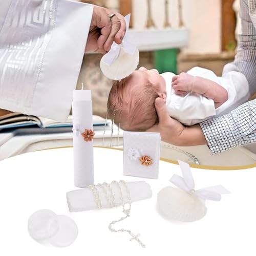 5 PCS Baptism Candle Set for Boys and Girls,Baptism Kit Catholic Candle,Towel,Shell,Rosary andBible for Baptismal Christen...