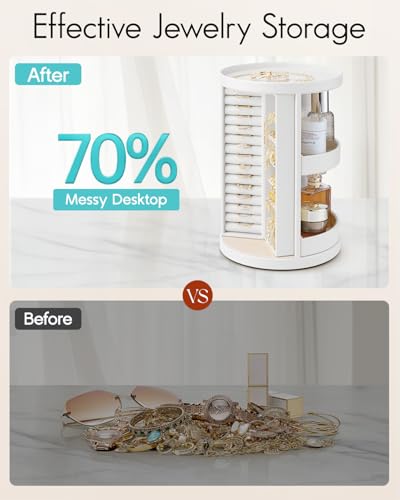 VLANDO 360°Rotating Jewelry Box,Earring Organizer Large Vertical Jewelry Organizer with 6 Necklace Hooks, Open Ring Displa...