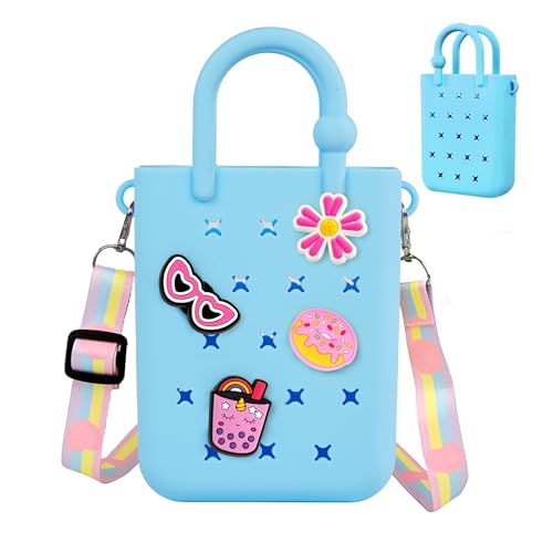 Oudizz Mini Rubber Tote Bag, Silicone Beach Tote for Little Girl & Woman, Cute Bag with 20 Charms & Adjustable Shoulder Strap