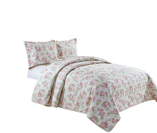 Chezmoi Collection Dakota 3-Piece Printed Pink Rose Cotton Quilt Set - Pink Floral Flower Reversible Stone Washed Lightwei...