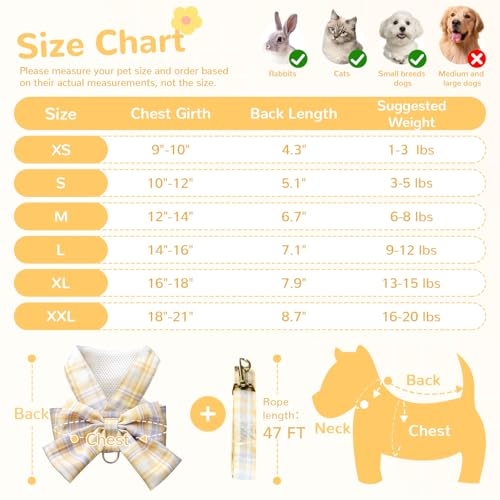 UETZLTB Cute Dog Harness and Leash Set with Bow Tie Soft Mesh Plaid Girl Puppy Harness No Pull Pet Cat Dog Vest Harness fo...