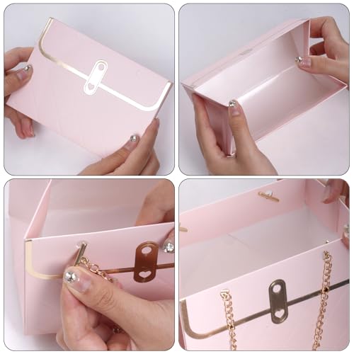 4 Pack Flower Paper Gift Bags Portable Bouquet Storage Bucket Paper Flower Handbag Boxes with Metal Chain Bouquet Carrier ...