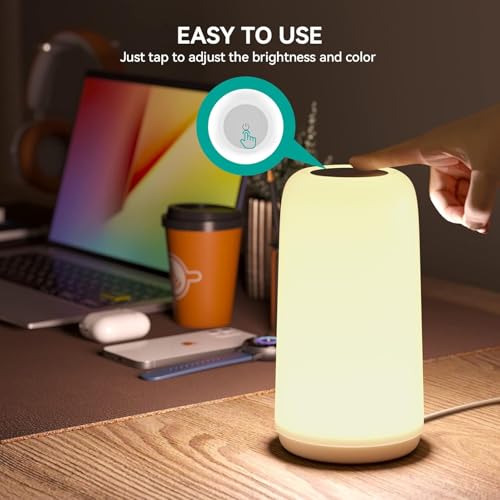 ROOTRO Touch Bedside Table Lamp, [Sleek Design & RGB Mode] 3 Way Dimmable Small Lamp for Bedroom, LED Lamp with Warm White...