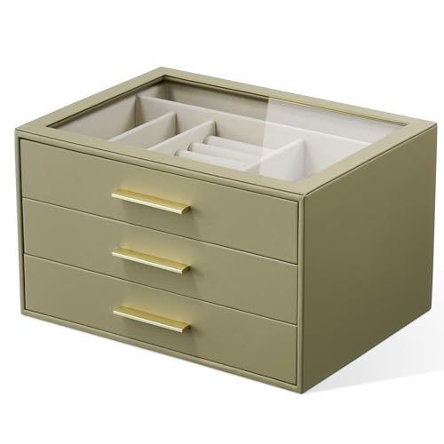 Jewelry Box Organizer Case for Women: 3-Layer Jewelry Storage Case with Glass Window, Olive Green Leather with Cream Velve...