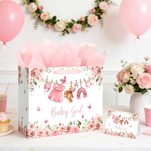 Yusenguan 13" Large Baby Gift Bag for Girl, Pink Floral Design with Handles, Tissue Paper and Gift Card, Perfect for Girl ...