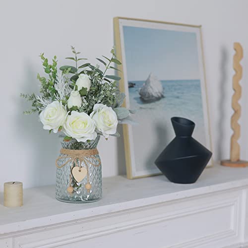 Faux Flowers with Vase,Artificial Silk Roses in Vase, Fake Plant Eucalyptus Flower Arrangement for Home Office Farmhouse B...