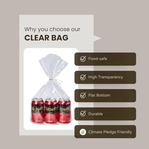 Wowfit 50 CT 10x14 inches Clear Bottom Gusset Cellophane Gift Bags with 6" Gold Twist Ties, Cello Packaging for Party Favo...