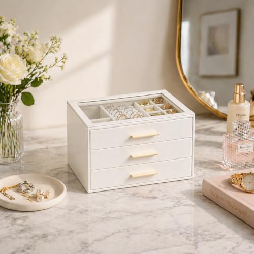 GUOER Jewelry Box for Women, Glass Lid Jewelry Organizer with 3 Drawers PU Jewelry Storage Case for Necklaces Rings Earrin...