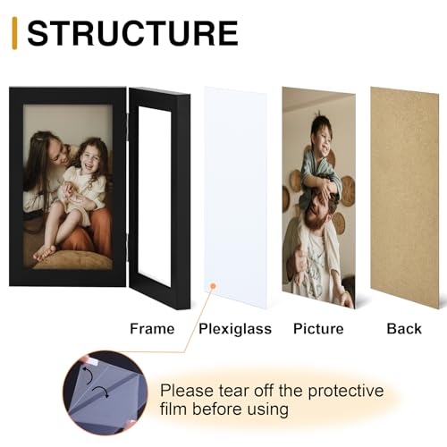 decorUhome Double 4x6 Picture Frame Vertical, Engineered Wood Bifold Photo Frame with Plexiglass for Tabletop Display, 4x...