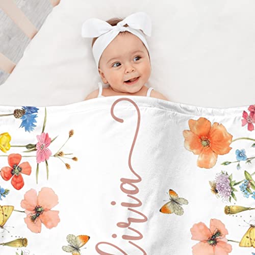 Lcyawer Personalized Swaddle Baby Blankets with Name Plants Flowers, Customized Floral Nursery Blanket for Girls, Newborn ...