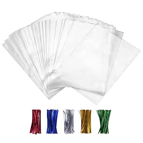 XLSFPY 100PCS Cellophane Bags Clear Plastic Cello Bags 4x6 with 4" Twist Ties 5 Mix Colors - 1.4 mils Thick OPP Treat Bags...