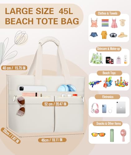 HUANLANG Large Beach Bags for Women Pool Bag with Zipper, Waterproof Sandproof Beach Tote Travel Bag with Wet Pocket | Wat...