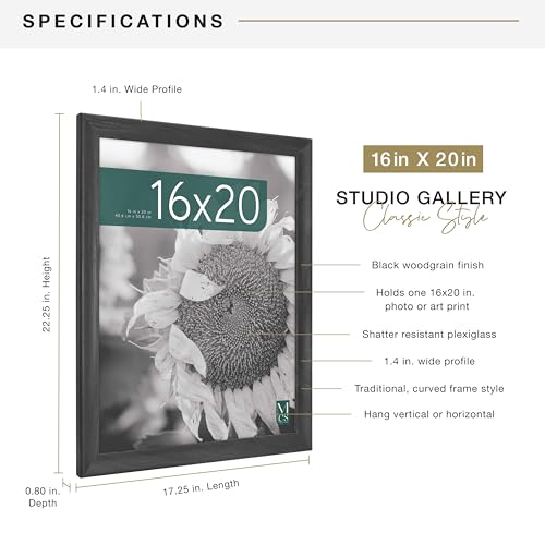 MCS Studio Gallery Classic 16x20 Poster Frame Black Woodgrain Engineered Wood, Vertical & Horizontal Wall Hanging Large Pi...