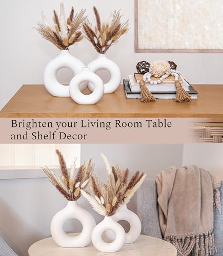 VELOVA Set of 3 White Ceramic Vase with 65 PCS Dried Pampas Grass Flowers Aesthetic Boho Modern Small Round Cute Vases for...
