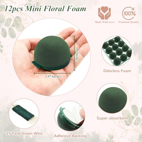 12 Pack Floral Foam Round, Green Mini Flower Holder Supplies Florist Form Blocks for Wine Bottle Decor, Wedding Birthday C...