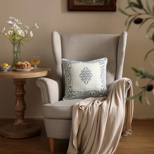 ISAENNE Design Linen Square Throw Pillow Covers 18"x18" Pack of 2, Cottage Farmhouse Cushion Covers with Thorn Vine Patter...