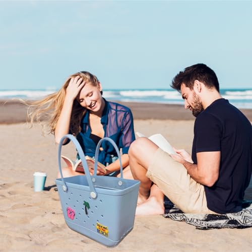 XL Waterproof Rubber Beach Tote Bag with Drainage Holes –Stylish Rubber Bag with Charms for Sand-Free Beach,Pool & Lake Days