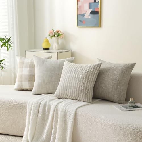Linen Check Decorative Pillow Covers 20x20 Inch Set Of 4, Boho Throw Pillow Covers Square Couch Pillow Soft Accent Farmhou...