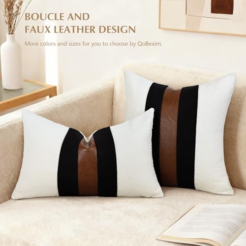 QoBexim Boucle Pillow Covers with Faux Leather Accents 12"x20" Set of 2, White and Black Decorative Pillow Covers with Fau...