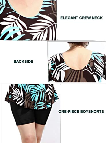 Knaspor Women's One Piece Swim Dress Modest Swimsuit Floral Leaf Print Short Sleeve Swimwear