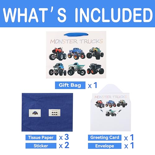 13" Large Birthday Gift Bags Set with Greeting Card and Tissue Paper (Monster Trucks Design) for boys, Kids, Baby boy,Baby...