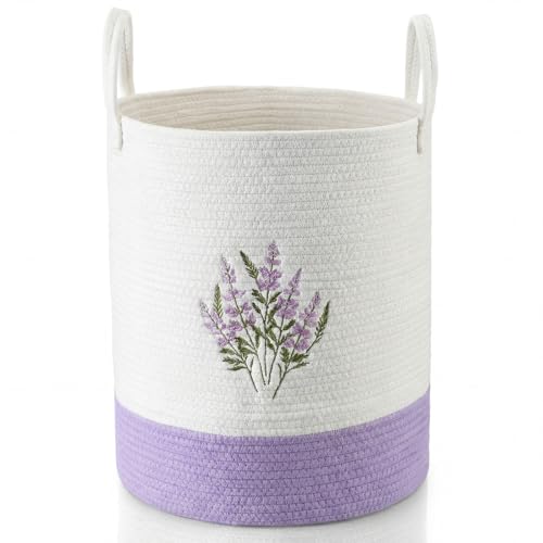 Honeydak Purple Lavender Cotton Rope Laundry Basket Hamper Large Floral Embroidery Tall Basket with Handle Foldable Round ...