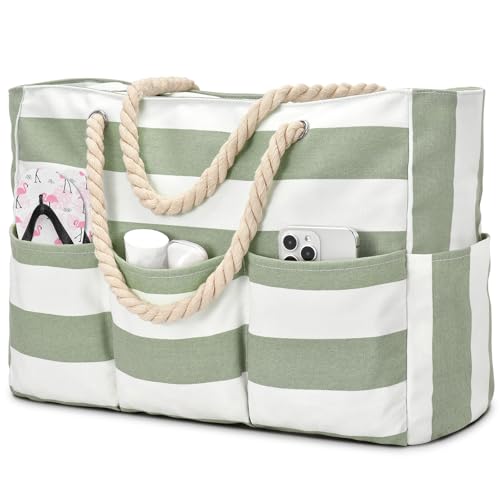 Becokan Beach Bags for Women Canvas Large Beach Tote Bag Zipper Waterproof Sandproof Foldable Swim Pool Bag with 7 Pockets