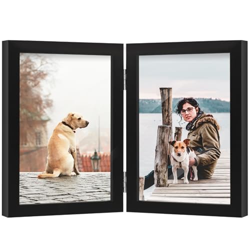 FOREV 5x7 Double Picture Frame Wooden Hinged Photo Frame Definition Glass Stand Vertically on Desktop or Tabletop Black
