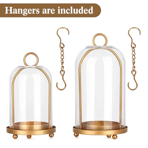 Vintage Brass Metal Candle Lantern with Thick Glass Dome – Set of 2 Shabby Chic Style Candle Holders (5.25"x10" & 4.5"x7.8...