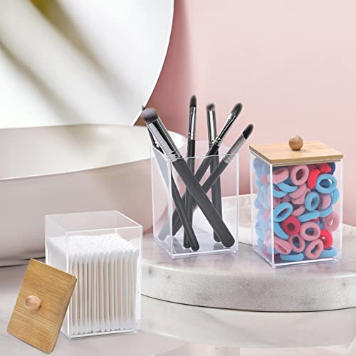 Tbestmax 3 Pack Square Qtip Holder - 12 oz Bathroom Organizers and Storage Containers, Plastic Apothecary Jars with Bamboo...