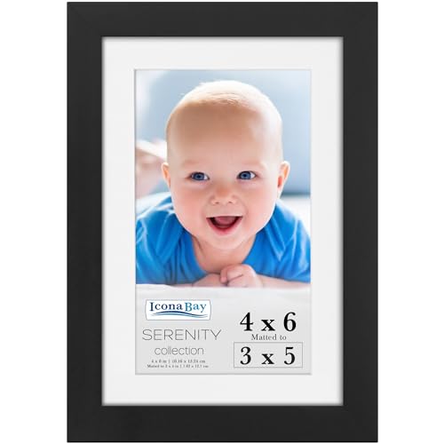 Icona Bay 4x6 Picture Frame w/Removable Mat for 3x5 Photo (Black), Sleek Modern Style Frame, Table Top or Wall Mount, Sere...